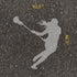 Women's lacrosse player silhouette parking space stencil with measurements on pavement.