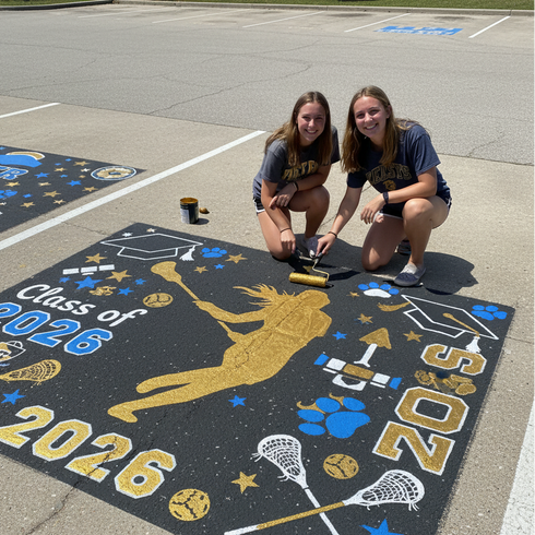 Two girls painting a parking space with gold and blue designs, including 'Class of 2026' text, in a parking lot.