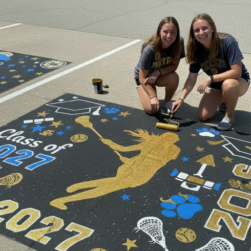 Two girls painting a parking space with gold and blue designs, including 'Class of 2026' text, in a parking lot.