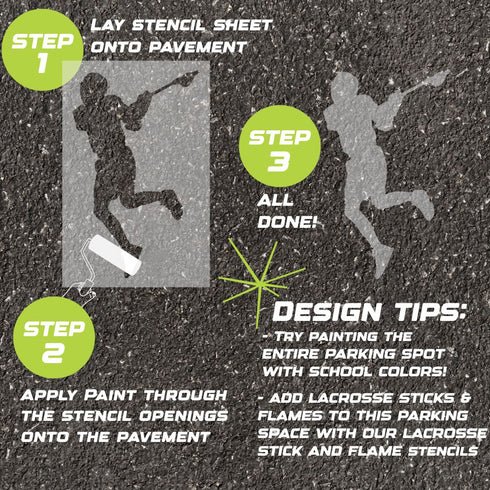 Instructions for creating a lacrosse-themed design on pavement using a parking space stencil.