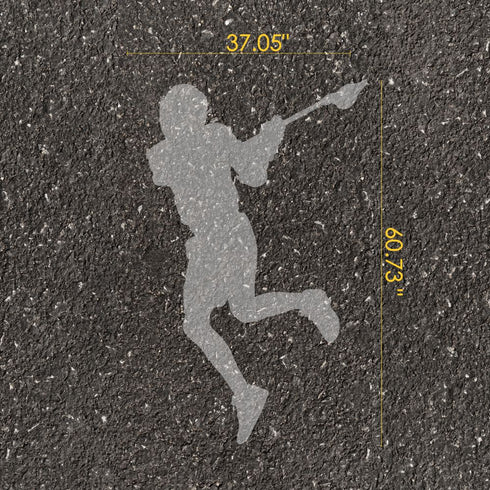 Men's lacrosse player silhouette parking space stencil with measurements on pavement.