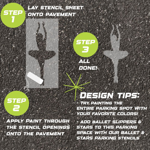Instructions for creating a ballet-themed design on pavement using a parking space stencil.