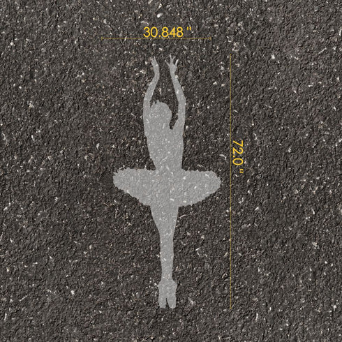 Ballet silhouette parking space stencil with measurements on pavement.