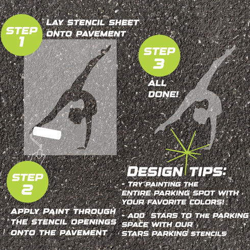 Instructions for creating a gymnast-themed design on pavement using a parking space stencil.