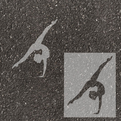 Gymnast silhouette stenciled on pavement with matching stencil.
