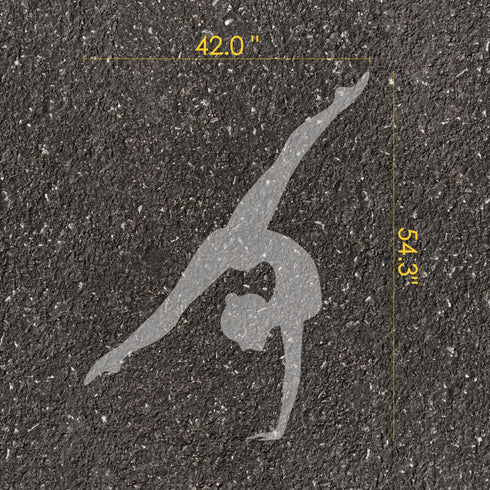 Gymnast silhouette parking space stencil with measurements on pavement.
