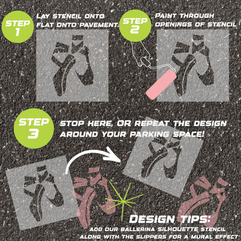 Instructions for creating a ballet-themed design on pavement using a parking space stencil.