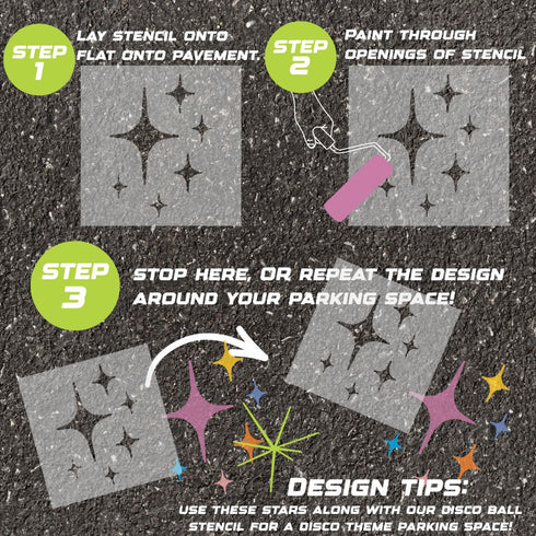 Instructions for using a Retro Stars parking space stencil to paint on pavement.