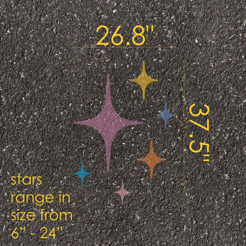 Retro Stars parking space stencil with measurements on pavement.