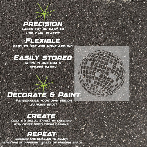 Details about the Disco Ball parking space stencil.