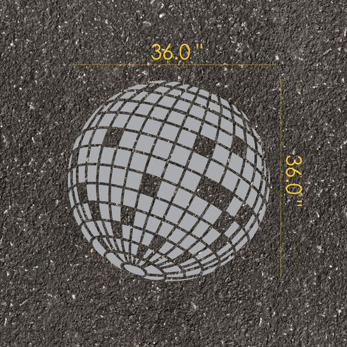 Disco Ball parking space stencil with measurements on pavement.