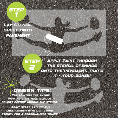Instructions for creating a cheerleading-themed design on pavement using a parking space stencil.