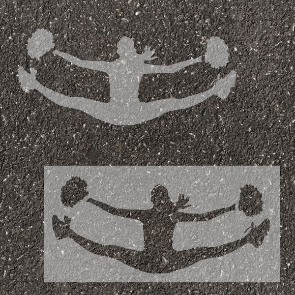 Cheerleading silhouette stenciled on pavement with matching stencil.
