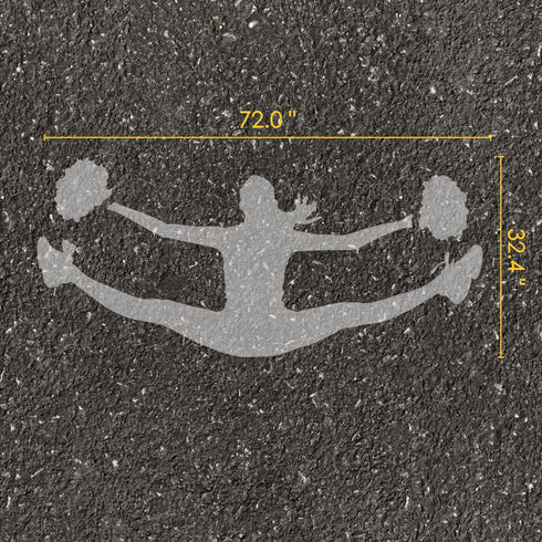 Cheerleading silhouette parking space stencil with measurements on pavement.