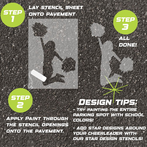Instructions for creating a cheerleading-themed design on pavement using a parking space stencil.