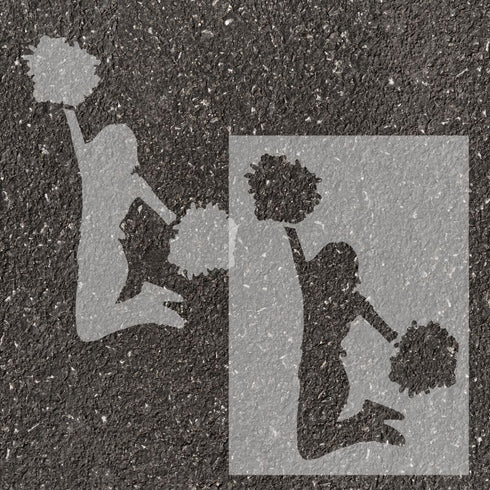 Cheerleader silhouette stenciled on pavement with matching stencil.