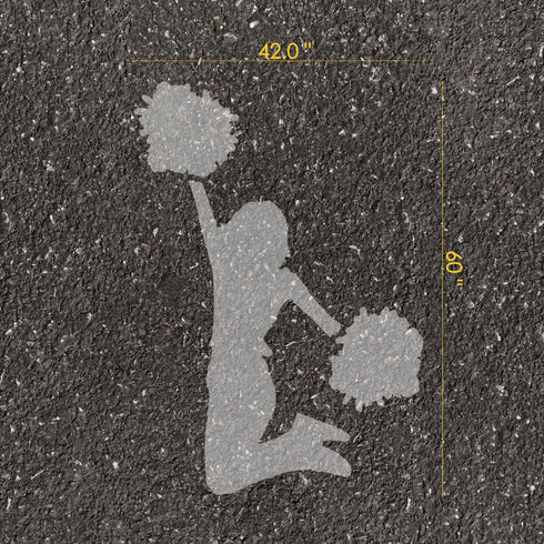 Cheerleader silhouette parking space stencil with measurements on pavement.