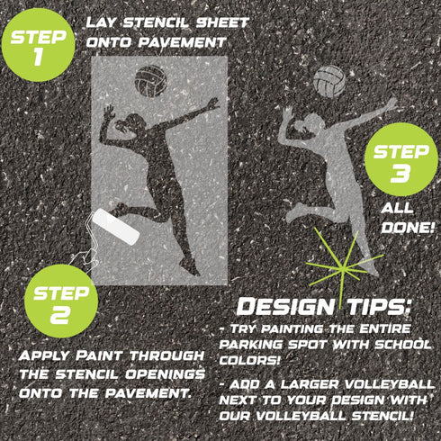 Instructions for creating a volleyball-themed design on pavement using a parking space stencil.