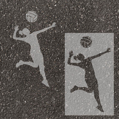 Volleyball player silhouette stenciled on pavement with matching stencil.