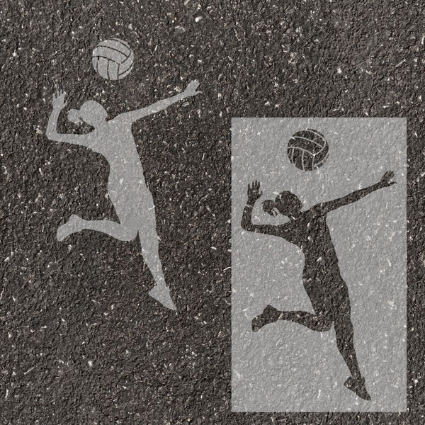 Volleyball player silhouette stenciled on pavement with matching stencil.