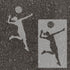 Volleyball player silhouette stenciled on pavement with matching stencil.