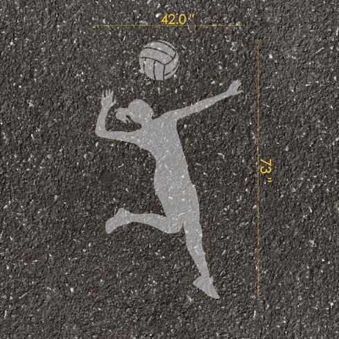 Volleyball player silhouette parking space stencil with measurements on pavement.