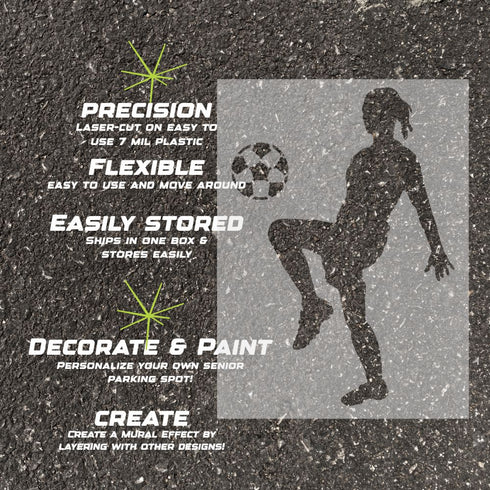 Details about the women's soccer player silhouette stencil.