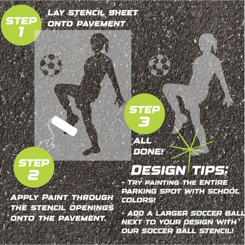 Instructions for creating a soccer-themed design on pavement using a parking space stencil.