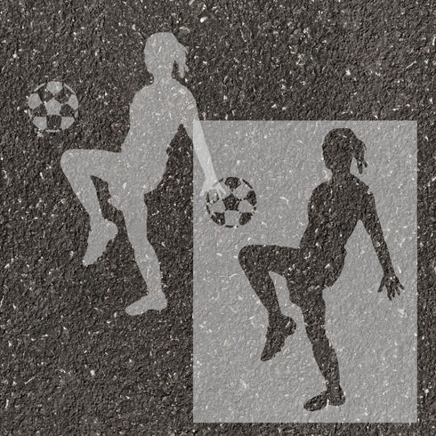 Women's soccer player silhouette stenciled on pavement with matching stencil.