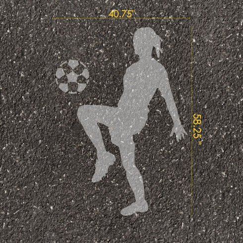 Women's soccer player silhouette parking space stencil with measurements on pavement.