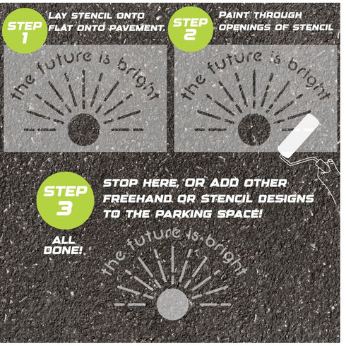 Instructions for using a 'The Future is Bright' stencil to paint on pavement.