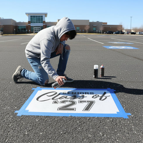 Text 'Seniors Class of '27' stencil being sprayed onto a High School parking space