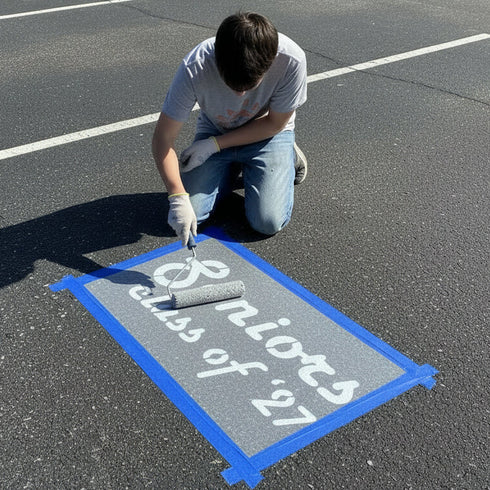 Student painting a high school parking space with our Senior Parking Lot Stencils.