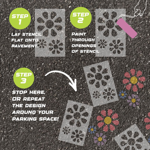 Instructions for using a Flowers parking space stencil to paint on pavement.
