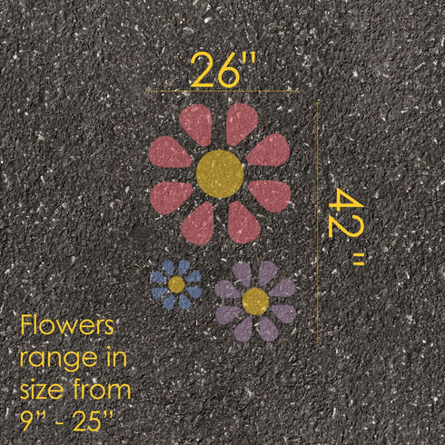 Flowers parking space stencil with measurements on pavement.