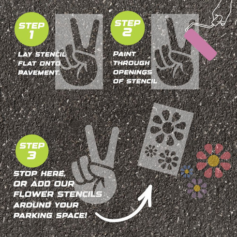Instructions for using a Peace parking space stencil to paint on pavement.