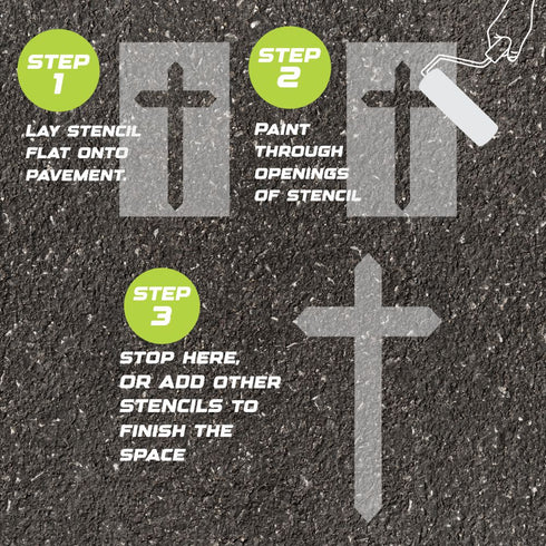 Instructions for using a Cross parking space stencil to paint on pavement.