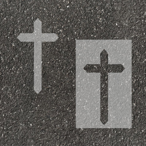 Cross stenciled on pavement with matching parking space stencil.