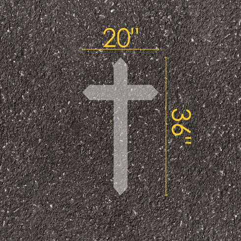 Cross parking space stencil with measurements on pavement.