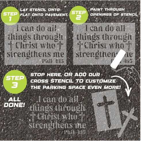 Instructions for using the Philippians Bible Verse parking space stencil on pavement with step-by-step guidance.