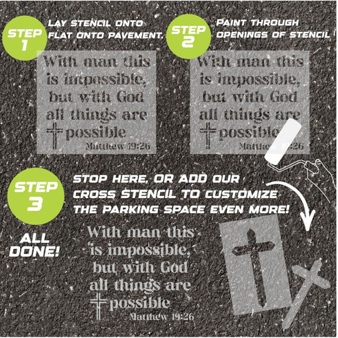 Instructions for using the Matthew Bible Verse parking space stencil on pavement with step-by-step guidance.