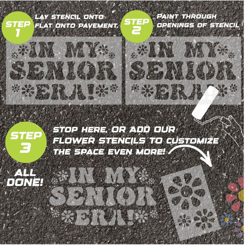 Instructions for using a 'In My Senior Era' parking space stencil on pavement with step-by-step guidance.