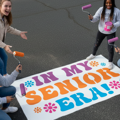 Four High School friends painting a colorful parking space with Taylor Swift text and decorative elements.