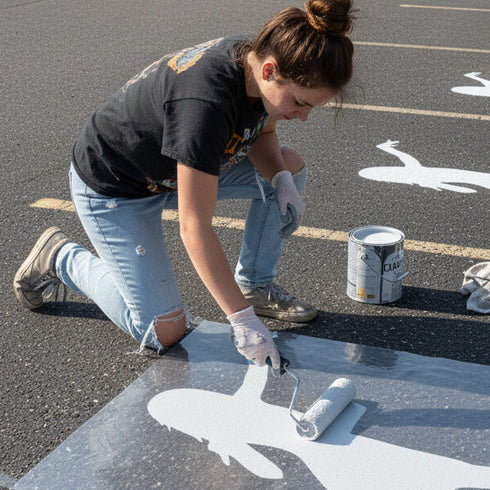 Taylor Swift silhouette stenciled on pavement with matching parking space stencil.