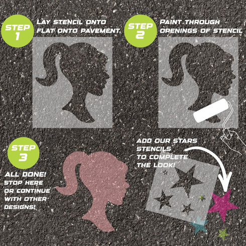 Instructions for using the Doll Head parking space stencil on pavement with step-by-step guidance.