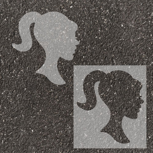 Doll Head stenciled on pavement with matching parking space stencil.