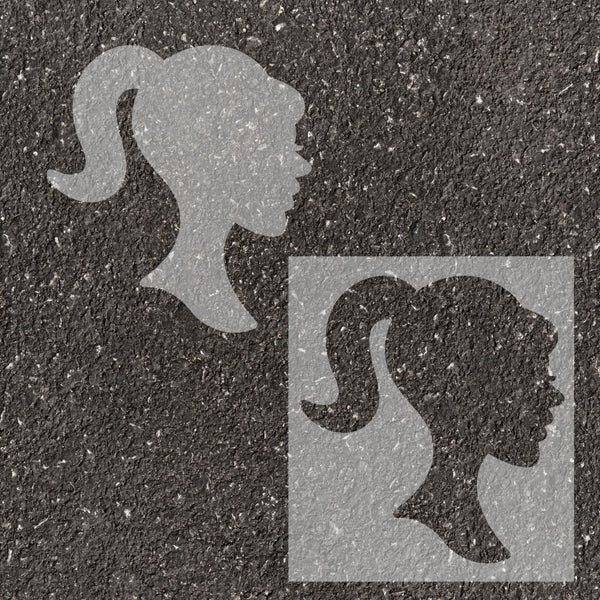 Doll Head stenciled on pavement with matching parking space stencil.
