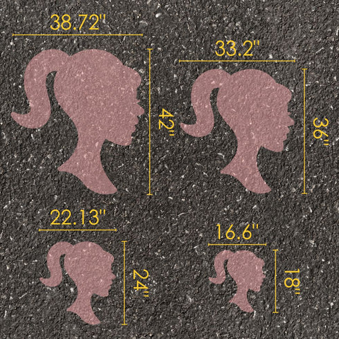 Doll Head parking space stencil with measurements on pavement.