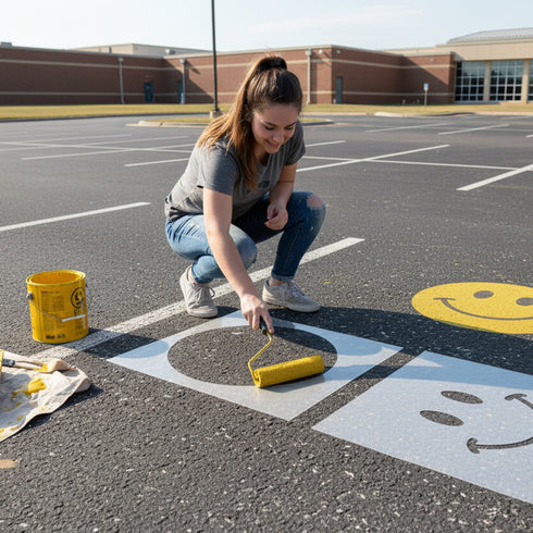 Smiley Face stenciled on pavement with matching parking space stencil.