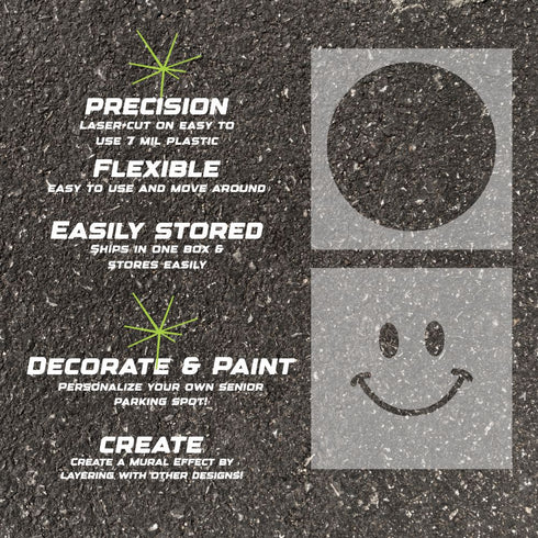 Details about the Smile Face parking space stencil.
